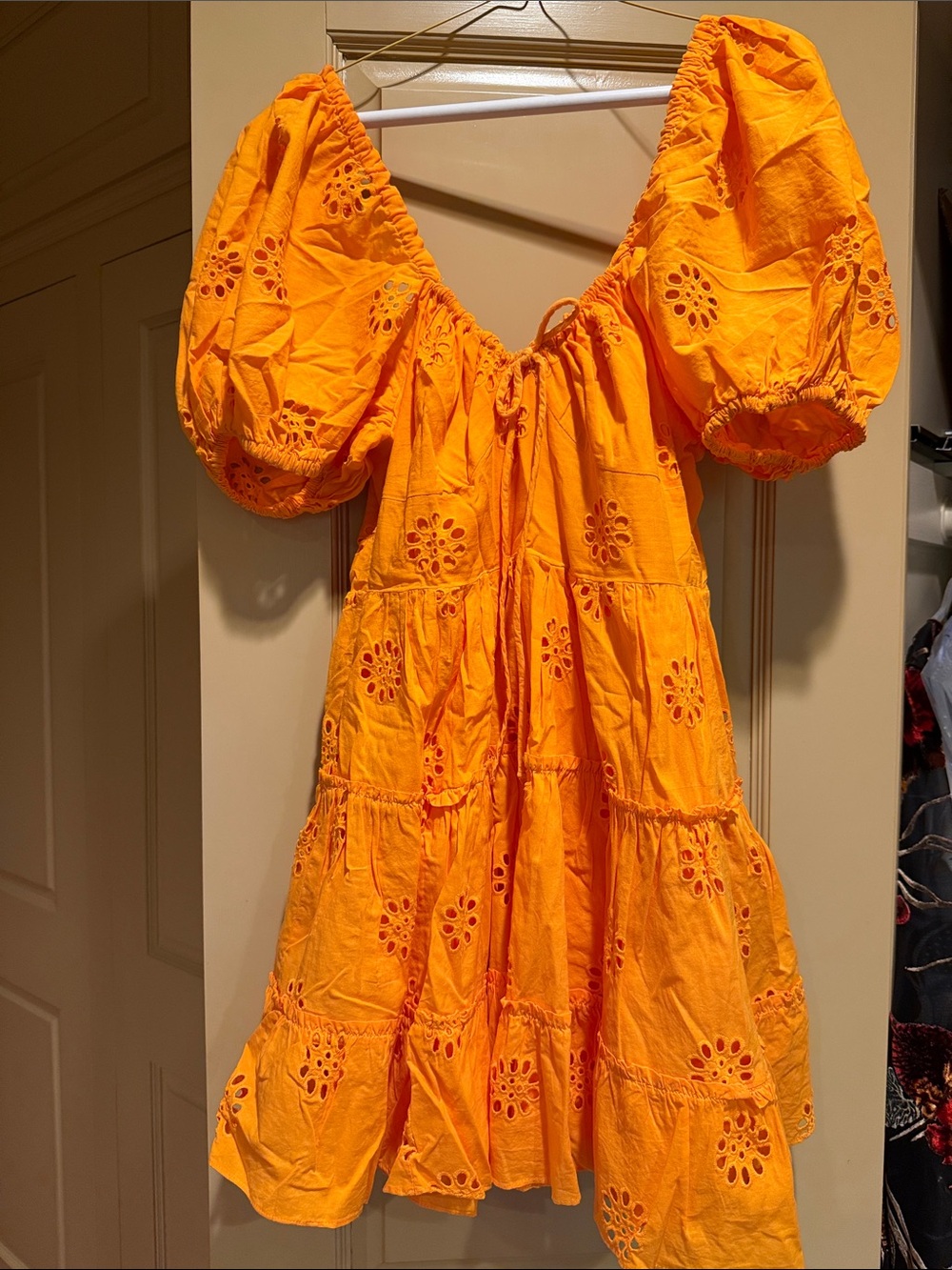 Zara Orange Eyelet Puff-Sleeve Mini Dress